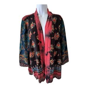 John Mark Boho Kimono Top Womens XL Multicolor Multi Print Floral Open Front EUC